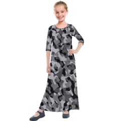 Grey And Black Camouflage Pattern Kids  Quarter Sleeve Maxi Dress by SpinnyChairDesigns