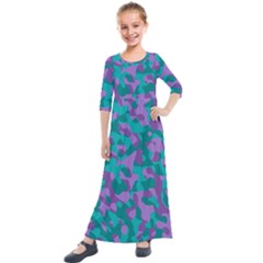 Purple And Teal Camouflage Pattern Kids  Quarter Sleeve Maxi Dress by SpinnyChairDesigns