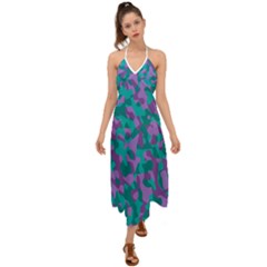 Purple And Teal Camouflage Pattern Halter Tie Back Dress  by SpinnyChairDesigns