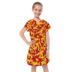 Red And Yellow Camouflage Pattern Kids  Drop Waist Dress by SpinnyChairDesigns