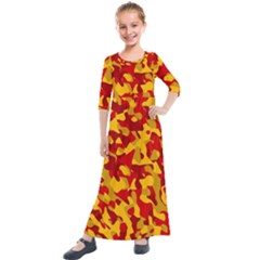 Red And Yellow Camouflage Pattern Kids  Quarter Sleeve Maxi Dress by SpinnyChairDesigns