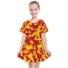 Red And Yellow Camouflage Pattern Kids  Smock Dress by SpinnyChairDesigns