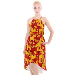 Red And Yellow Camouflage Pattern High-low Halter Chiffon Dress  by SpinnyChairDesigns