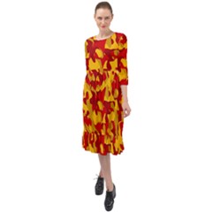 Red And Yellow Camouflage Pattern Ruffle End Midi Chiffon Dress by SpinnyChairDesigns