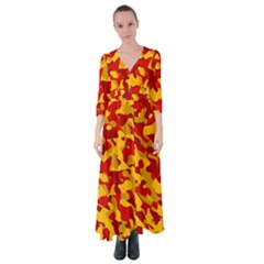 Red And Yellow Camouflage Pattern Button Up Maxi Dress by SpinnyChairDesigns