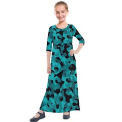 Black And Teal Camouflage Pattern Kids  Quarter Sleeve Maxi Dress by SpinnyChairDesigns