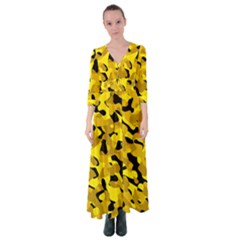 Black And Yellow Camouflage Pattern Button Up Maxi Dress by SpinnyChairDesigns