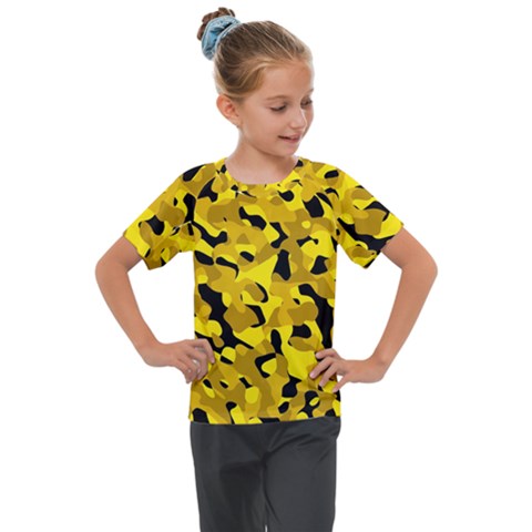 Black And Yellow Camouflage Pattern Kids  Mesh Piece Tee by SpinnyChairDesigns