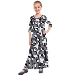 Black And White Camouflage Pattern Kids  Quarter Sleeve Maxi Dress by SpinnyChairDesigns