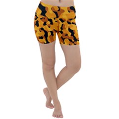 Orange And Black Camouflage Pattern Lightweight Velour Yoga Shorts by SpinnyChairDesigns