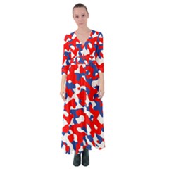 Red White Blue Camouflage Pattern Button Up Maxi Dress by SpinnyChairDesigns