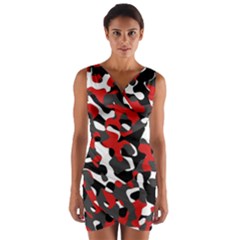 Black Red White Camouflage Pattern Wrap Front Bodycon Dress by SpinnyChairDesigns