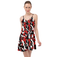 Black Red White Camouflage Pattern Summer Time Chiffon Dress by SpinnyChairDesigns