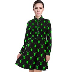 Neon Green Bug Insect Heads On Black Long Sleeve Chiffon Shirt Dress by SpinnyChairDesigns