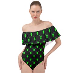 Neon Green Bug Insect Heads On Black Off Shoulder Velour Bodysuit  by SpinnyChairDesigns