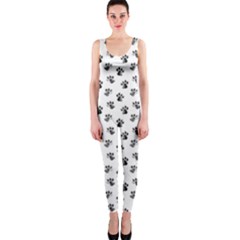 Cat Dog Animal Paw Prints Pattern Black And White One Piece Catsuit by SpinnyChairDesigns