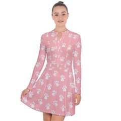 Animal Cat Dog Prints Pattern Pink White Long Sleeve Panel Dress by SpinnyChairDesigns