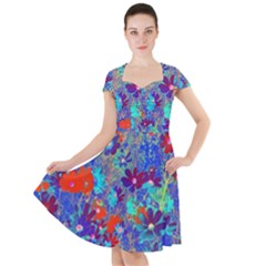 Cosmos Flowers Blue Red Cap Sleeve Midi Dress by DinkovaArt