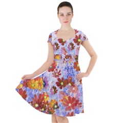 Cosmos Flowers Brown Cap Sleeve Midi Dress by DinkovaArt