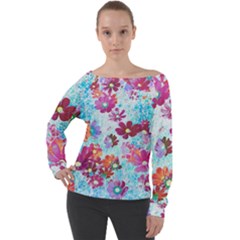 Cosmos Flowers Off Shoulder Long Sleeve Velour Top by DinkovaArt