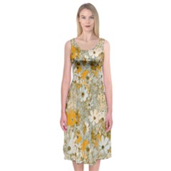 Cosmos Flowers Sepia Color Midi Sleeveless Dress by DinkovaArt