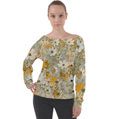 Cosmos Flowers Sepia Color Off Shoulder Long Sleeve Velour Top by DinkovaArt