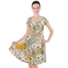 Cosmos Flowers Sepia Color Cap Sleeve Midi Dress by DinkovaArt