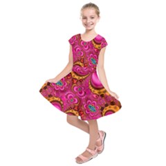 Abstract Pink Gold Floral Print Pattern Kids  Short Sleeve Dress by SpinnyChairDesigns