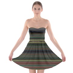 Dark Rust Red And Green Stripes Pattern Strapless Bra Top Dress by SpinnyChairDesigns