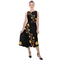 Abstract Gold Yellow Roses On Black Midi Tie-back Chiffon Dress by SpinnyChairDesigns