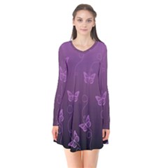 Purple Butterflies Pattern Long Sleeve V-neck Flare Dress by SpinnyChairDesigns