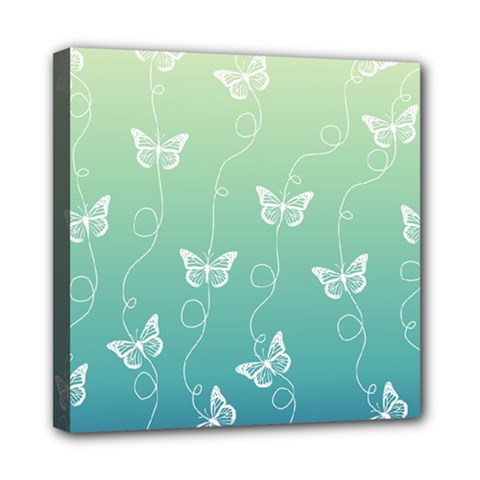 White Butterflies On Blue And Light Green Mini Canvas 8  X 8  (stretched) by SpinnyChairDesigns