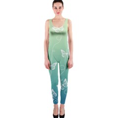 White Butterflies On Blue And Light Green One Piece Catsuit by SpinnyChairDesigns