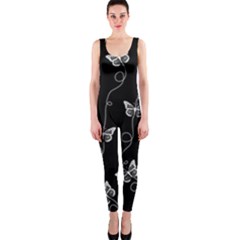 Black And White Butterfly Pattern One Piece Catsuit by SpinnyChairDesigns