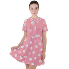 Cute Pink And White Hearts Short Sleeve Shoulder Cut Out Dress  by SpinnyChairDesigns