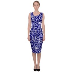 Blue White Paisley Intricate Swirls Sleeveless Pencil Dress by SpinnyChairDesigns