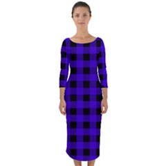 Dark Blue Black Buffalo Plaid Quarter Sleeve Midi Bodycon Dress by SpinnyChairDesigns