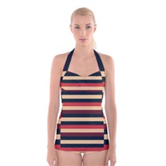 Seventies Stripes Boyleg Halter Swimsuit  by tmsartbazaar