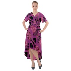 Fuchsia Black Abstract Checkered Stripes  Front Wrap High Low Dress by SpinnyChairDesigns