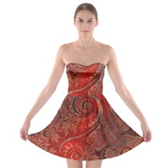 Scarlet Red Grey Brown Swirls Spirals Strapless Bra Top Dress by SpinnyChairDesigns