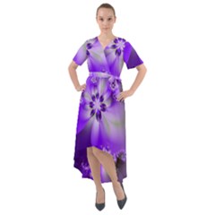 Violet Purple Flower Print Front Wrap High Low Dress by SpinnyChairDesigns