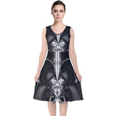 Abstract Black And White Art V-neck Midi Sleeveless Dress  by SpinnyChairDesigns