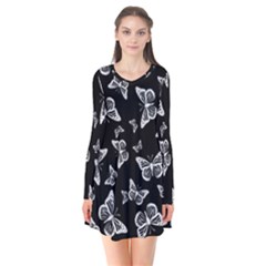 Black And White Butterfly Pattern Long Sleeve V-neck Flare Dress by SpinnyChairDesigns