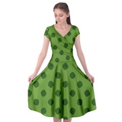 Green Four Leaf Clover Pattern Cap Sleeve Wrap Front Dress by SpinnyChairDesigns