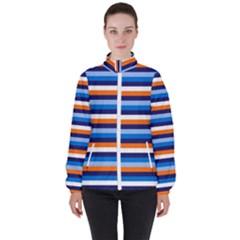 Ocean Blue Stripes Women s High Neck Windbreaker by tmsartbazaar