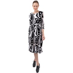 Black And White Abstract Stripe Pattern Ruffle End Midi Chiffon Dress by SpinnyChairDesigns