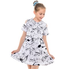 Black And White Music Notes Kids  Short Sleeve Shirt Dress by SpinnyChairDesigns