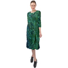 Emerald Green Blue Marbled Color Ruffle End Midi Chiffon Dress by SpinnyChairDesigns