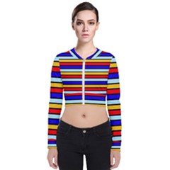 Red And Blue Contrast Yellow Stripes Long Sleeve Zip Up Bomber Jacket by tmsartbazaar