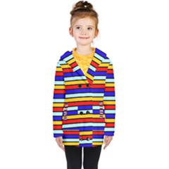 Red And Blue Contrast Yellow Stripes Kids  Double Breasted Button Coat by tmsartbazaar